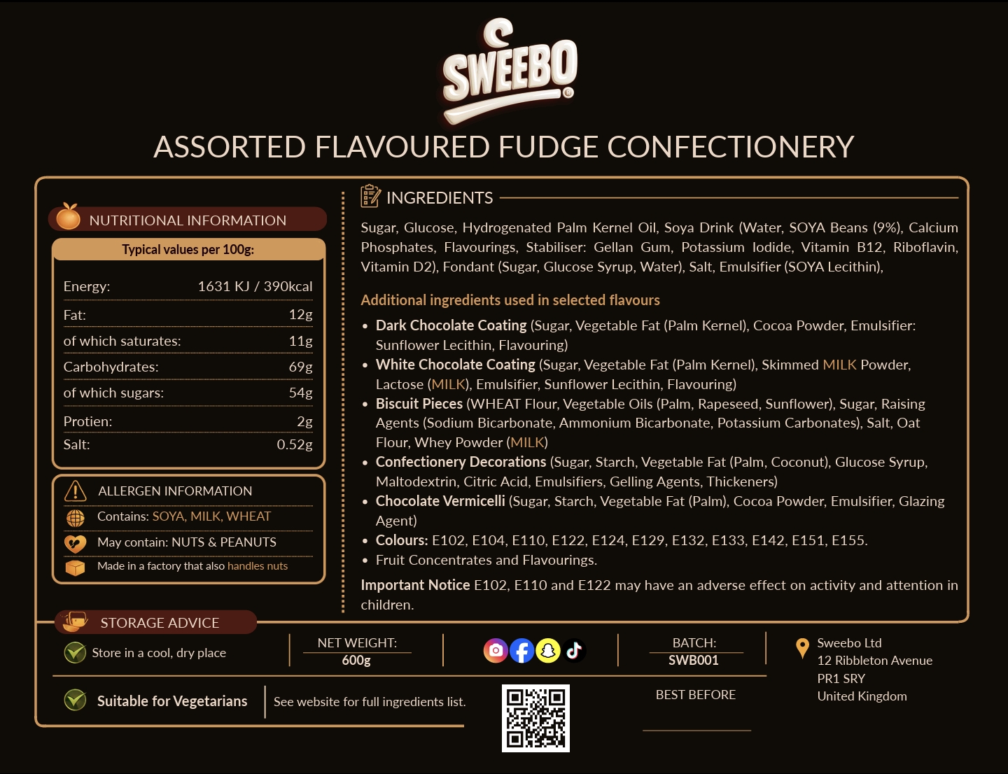 Sweebo ingredients label