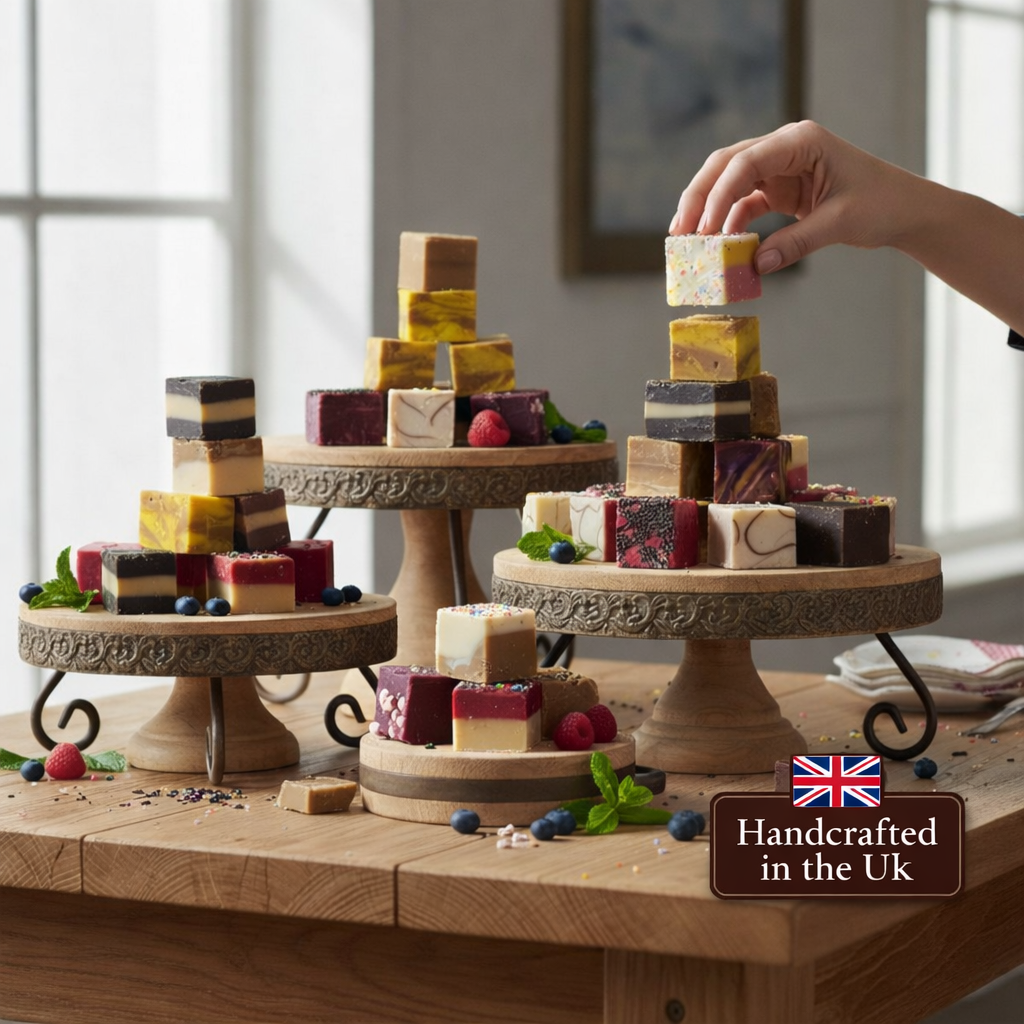 Handcrafted fudge on rustic stands