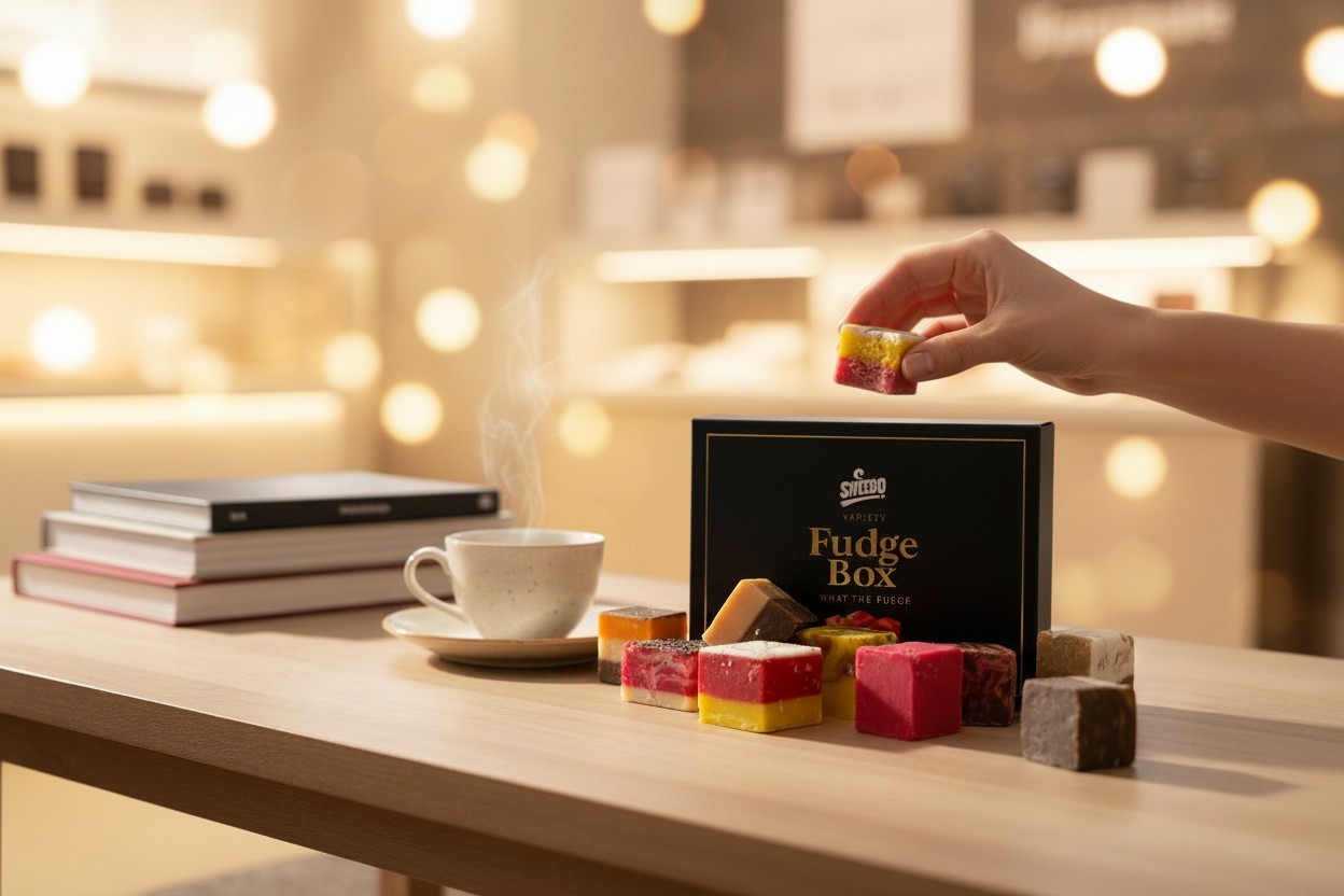 Sweebo luxury fudge variety box with layered fudge pieces and coffee